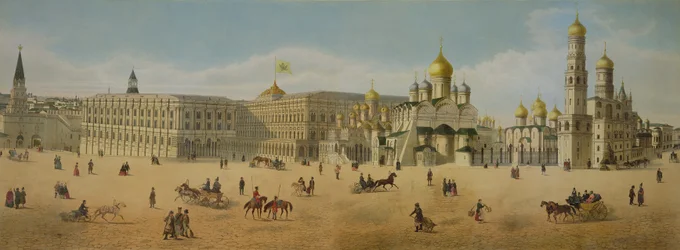 Der Große Kremlpalast und die Kathedralen der Verkündigung und des Erzengels, aus einem Panorama von Moskau, graviert von Philippe Benoist und Aubrun, veröffentlicht von Lemercier, ca. 1840